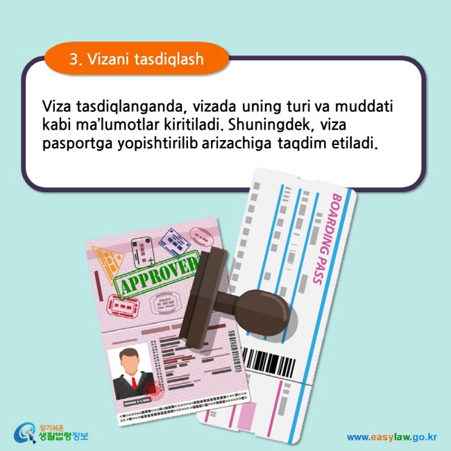 3. Vizani tasdiqlash Viza tasdiqlanganda, vizada uning turi va muddati kabi ma’lumotlar kiritiladi. Shuningdek, viza pasportga yopishtirilib arizachiga taqdim etiladi. 